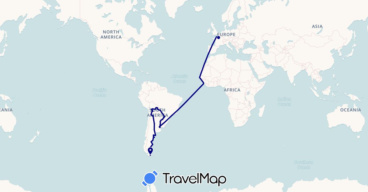 TravelMap itinerary: driving in Argentina, Bolivia, Brazil, Chile, France, Guinea, Sierra Leone, Senegal (Africa, Europe, South America)